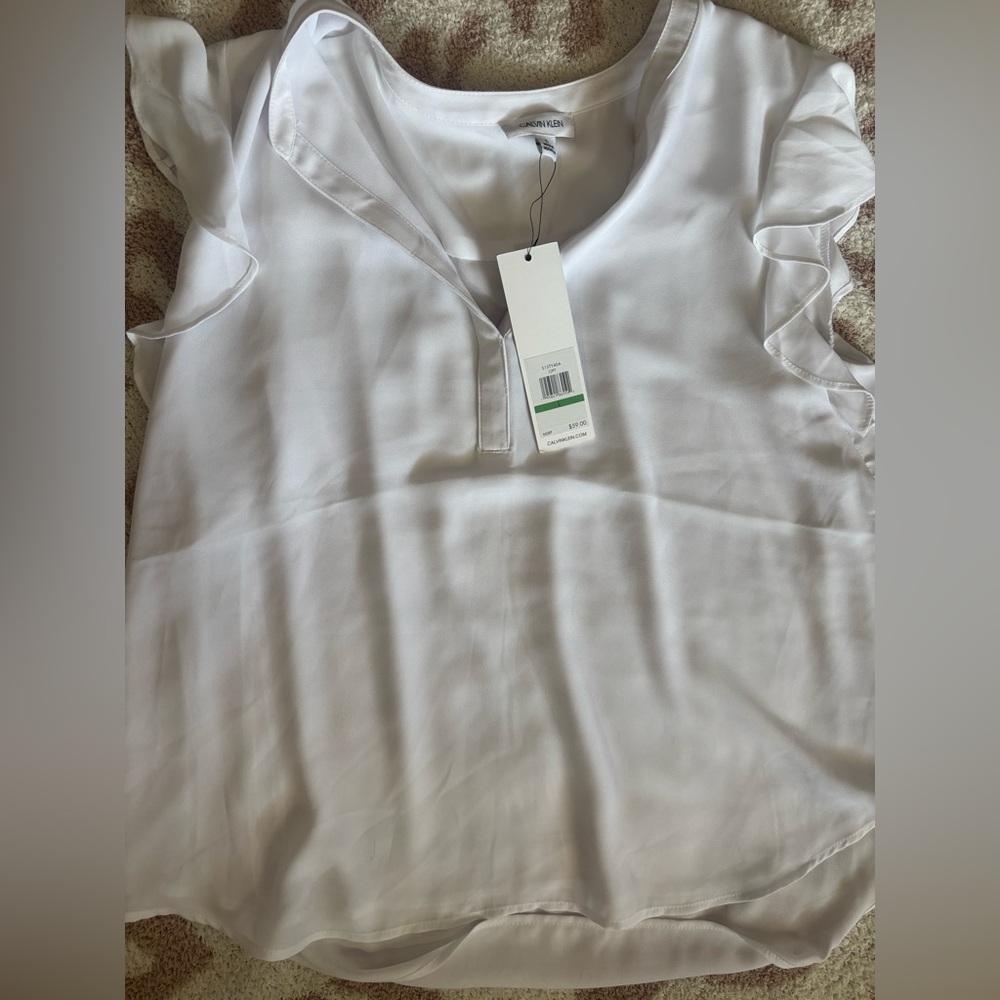 Calvin Klein White Ruffle Sleeve Blouse